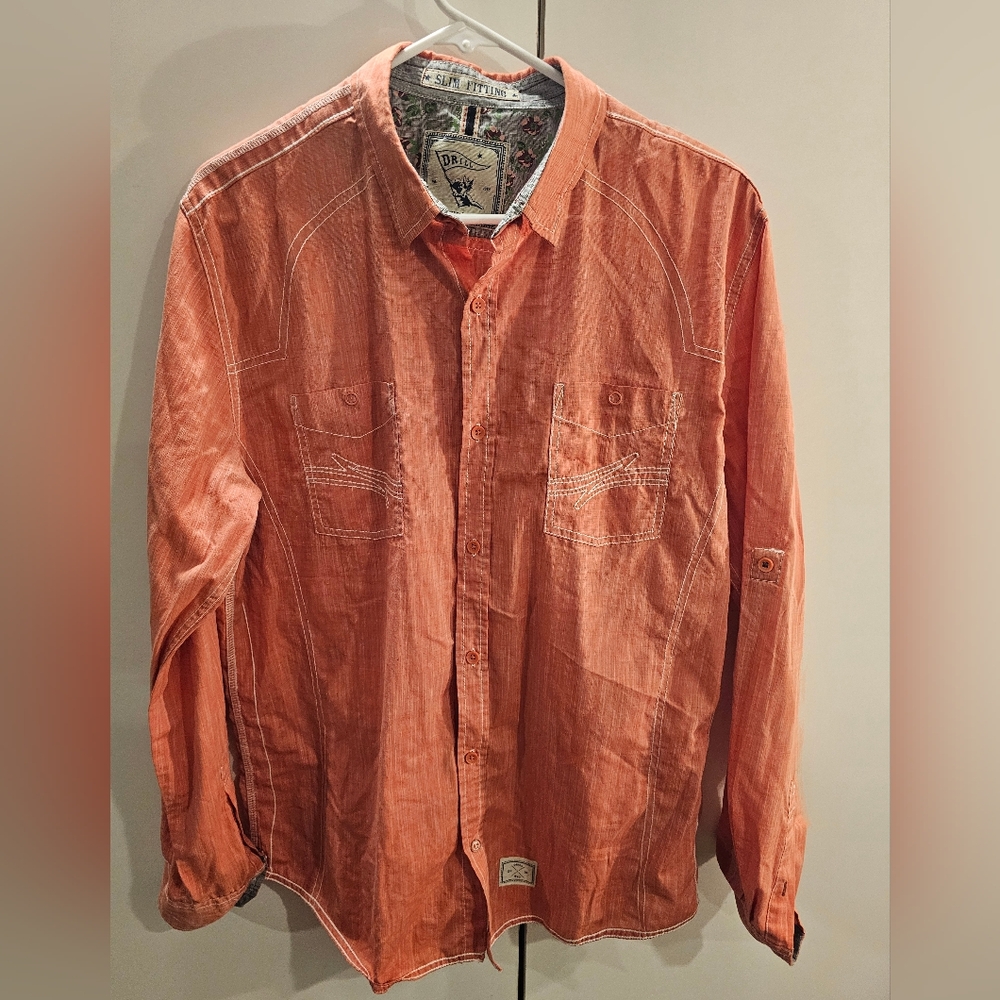 Drill Mens Size Large Slim Fitting Orange Button Down Shirt
